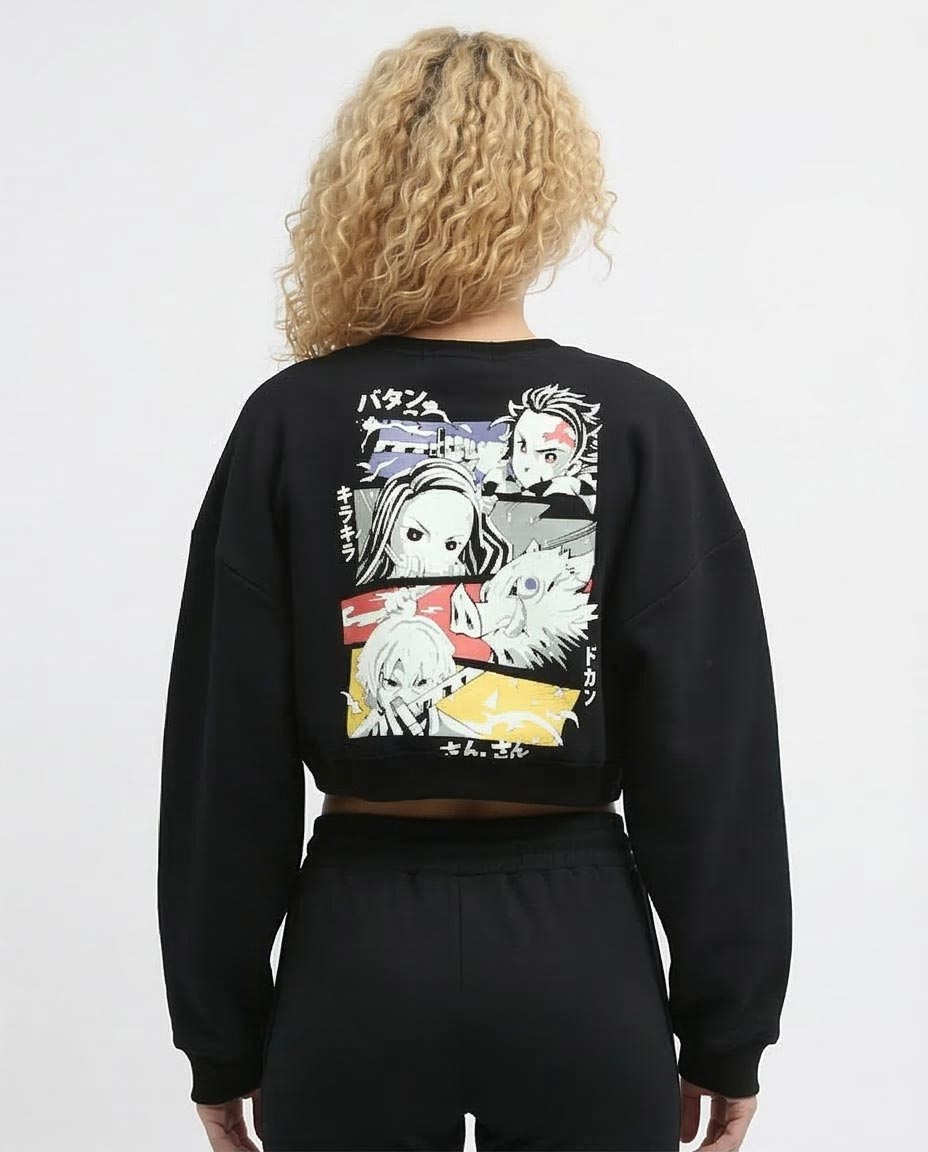 Ravin Unisex Cropped "San-San" Anime Graphic Sweatshirt - Black - o197577