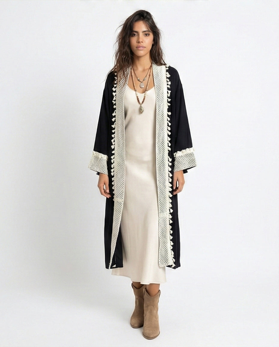 Bohemian Contrast Trim Longline Cardigan - O198046