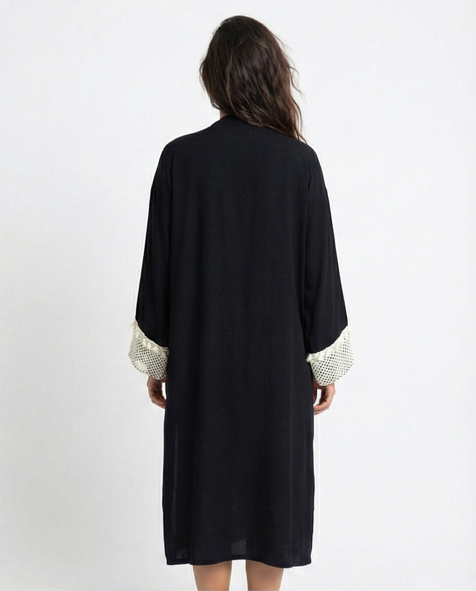 O198046 - Long Sleeves Crochet Feminine Cardigan - Black