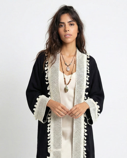 O198046 - Long Sleeves Crochet Feminine Cardigan - Black