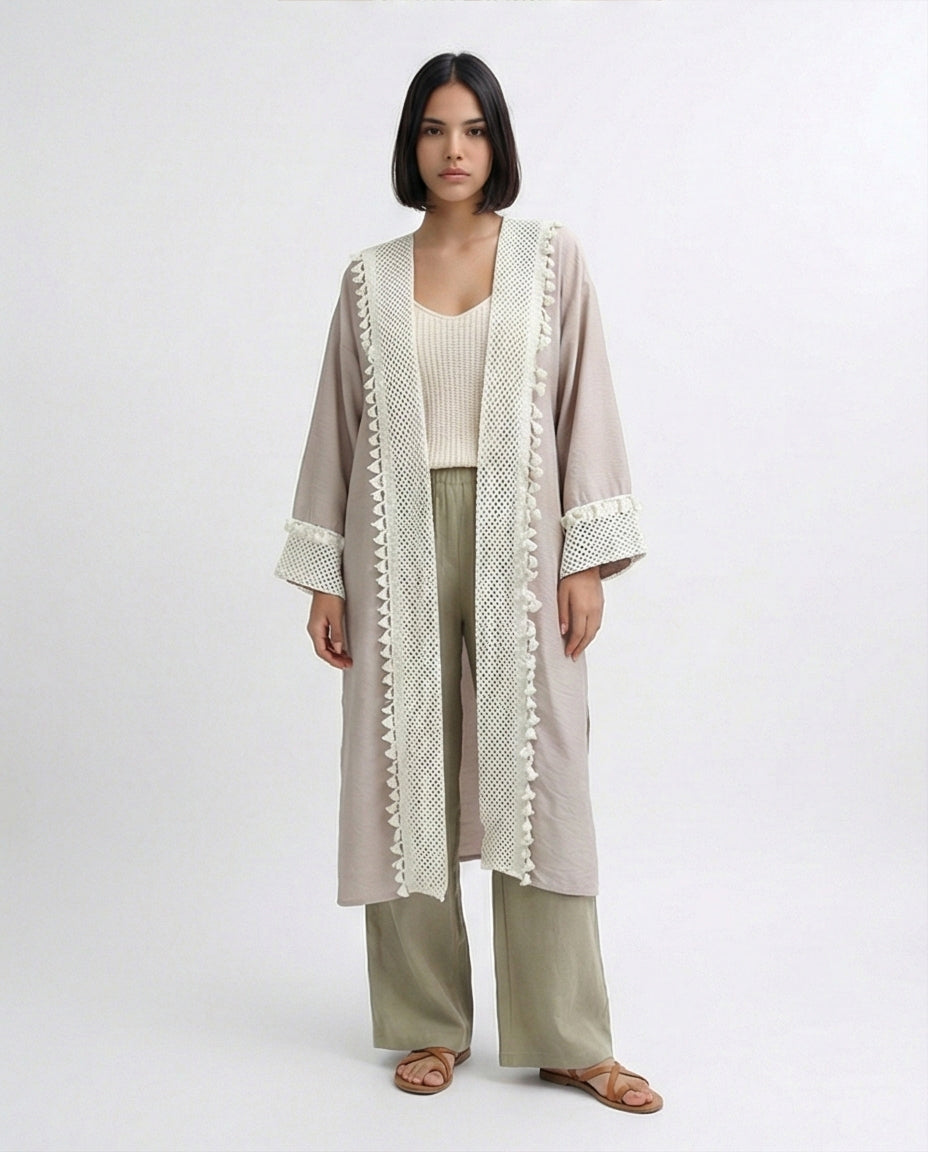 Taupe Crochet-Trimmed Longline Summer Cardigan - O198047
