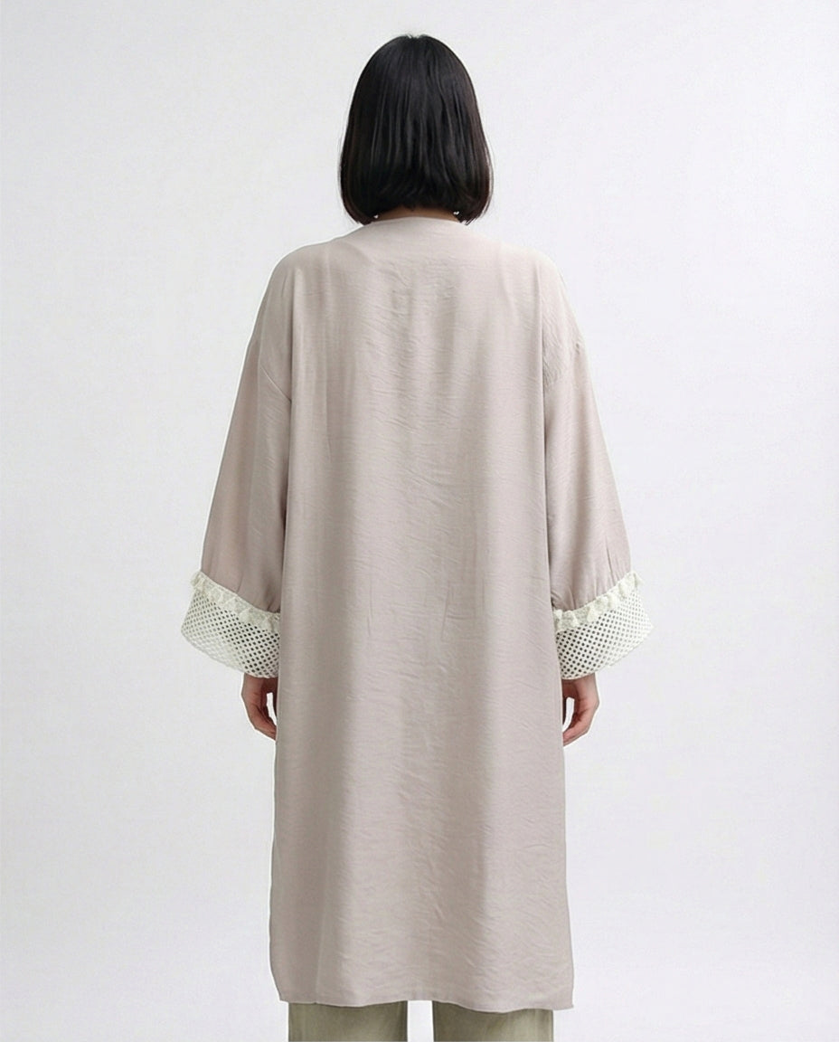 Taupe Crochet-Trimmed Longline Summer Cardigan - O198047