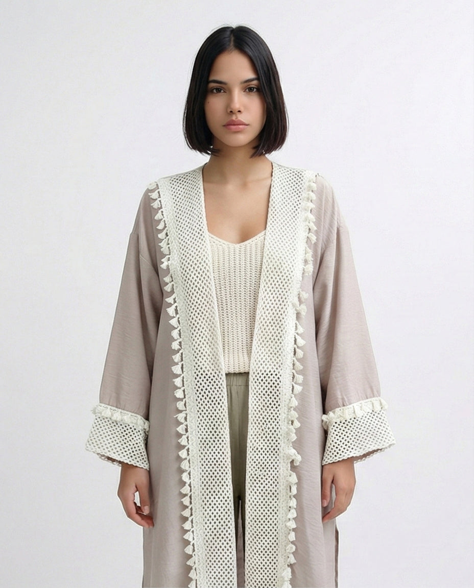 Taupe Crochet-Trimmed Longline Summer Cardigan - O198047