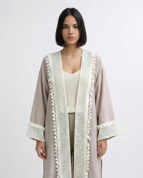 O198047 - Long Sleeves Coffee Crochet Summer Cardigan
