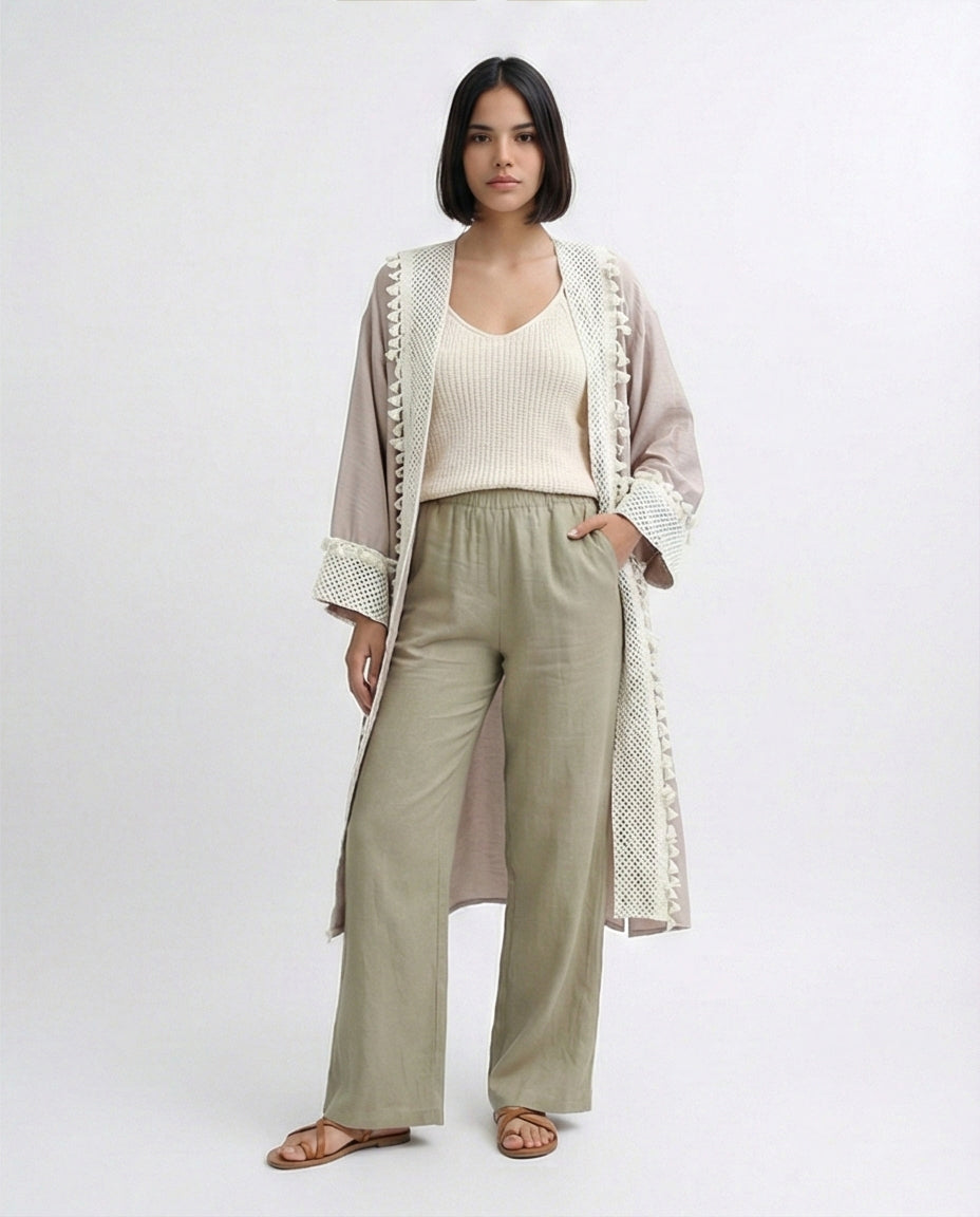 Taupe Crochet-Trimmed Longline Summer Cardigan - O198047