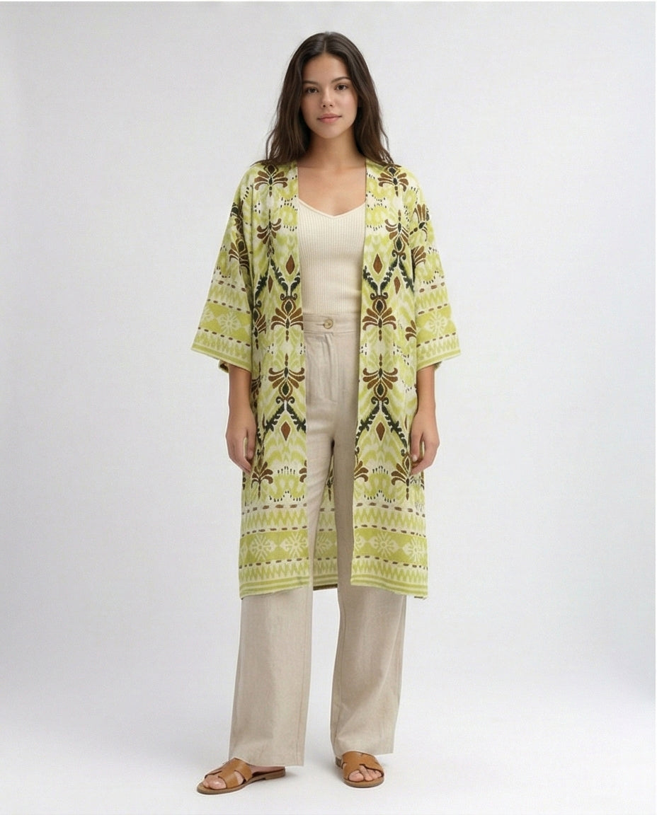 O198122 Neon Green & White Cotton Slip On Kimono