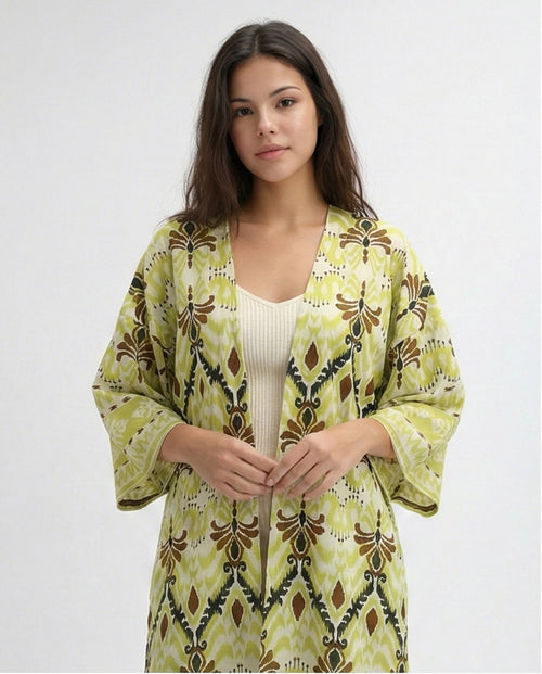 O198122 Neon Green & White Cotton Slip On Kimono