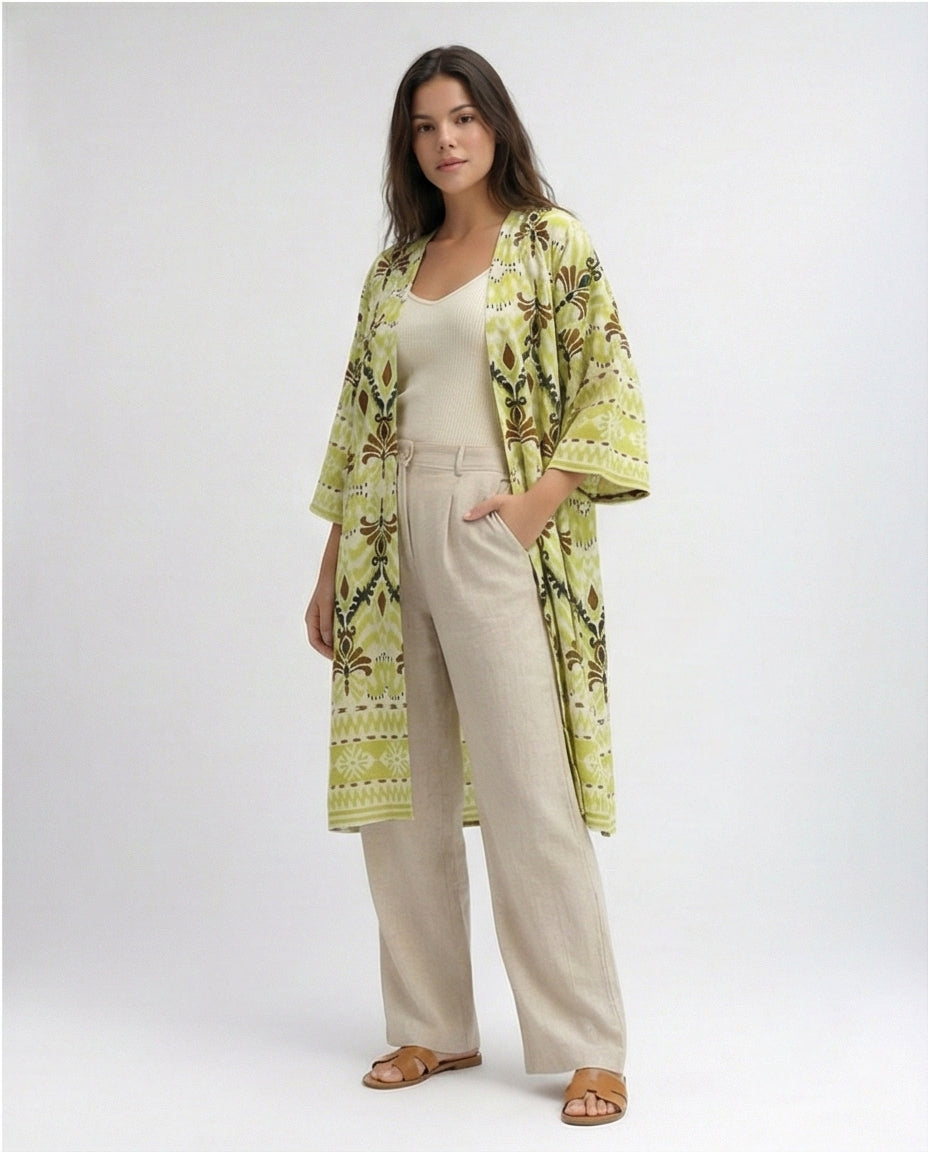 O198122 Neon Green & White Cotton Slip On Kimono