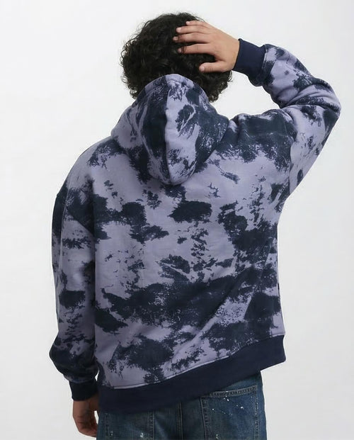 Ravin Men’s Oversized "Cloud Burst" Abstract Tie-Dye Hoodie – Lavender & Navy - o198339