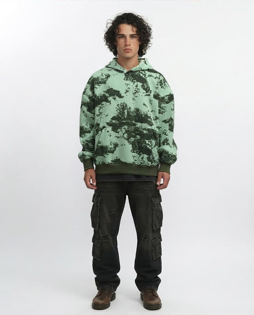 RAVIN Men’s Oversized Marble-Print Heavyweight Fleece Hoodie – Mint & Olive - o198341