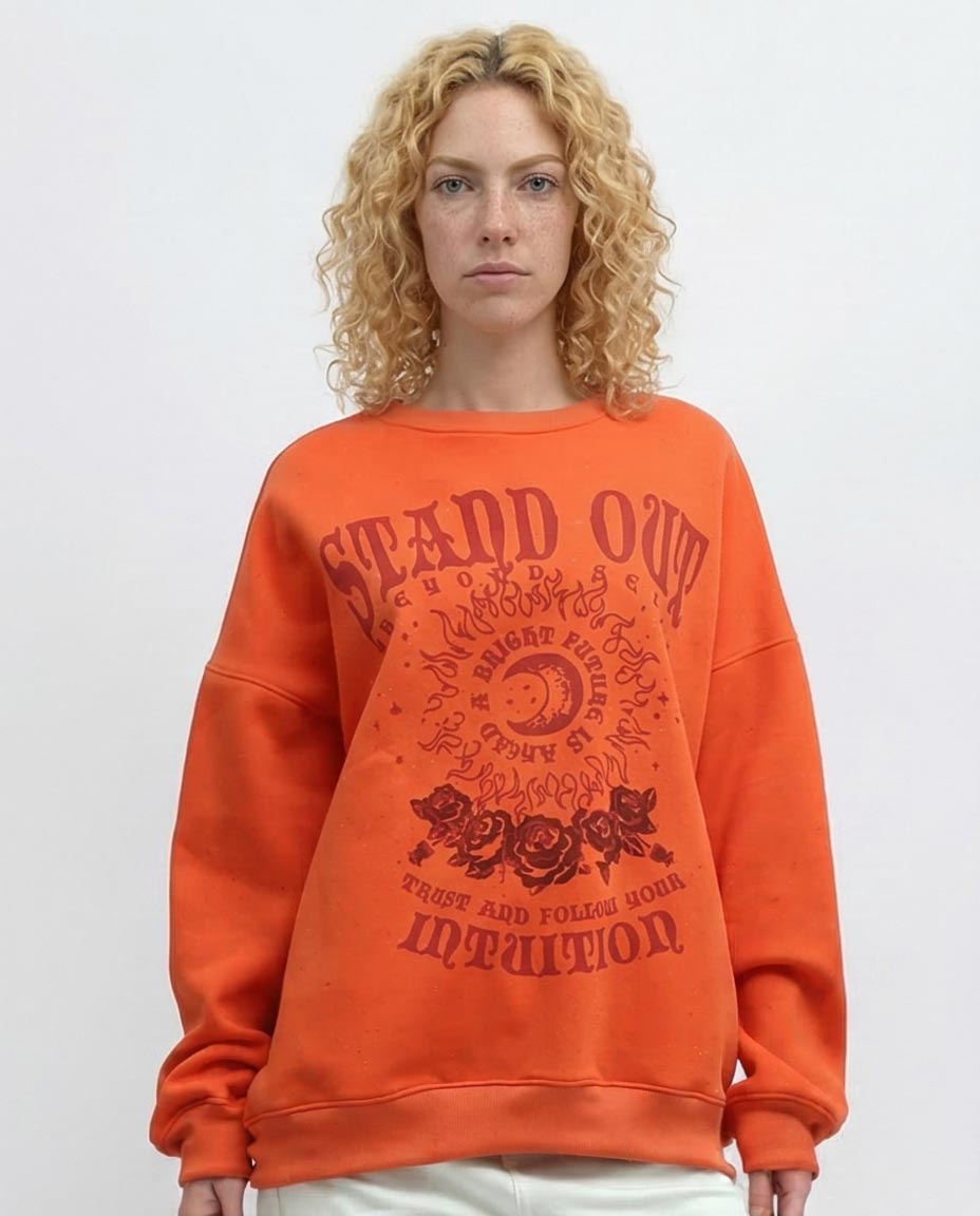 Vibrant Orange Intuition Graphic Oversized Sweatshirt - 0198530