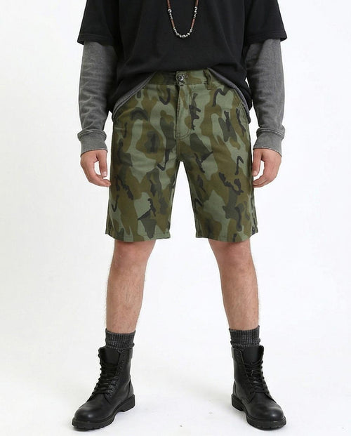 Person wearing camouflage shorts on a white background