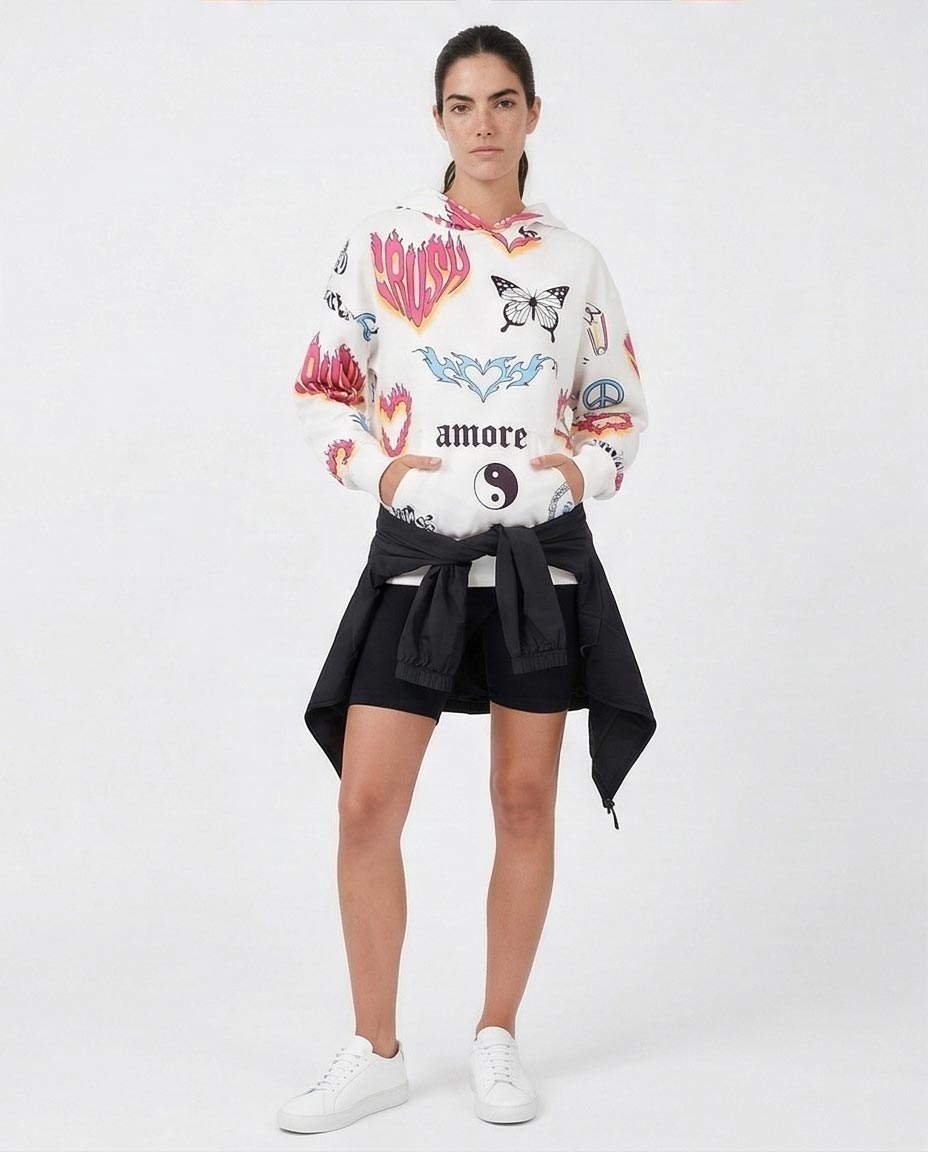 White Multi-Graphic Print Relaxed Fit Hoodie - O200017