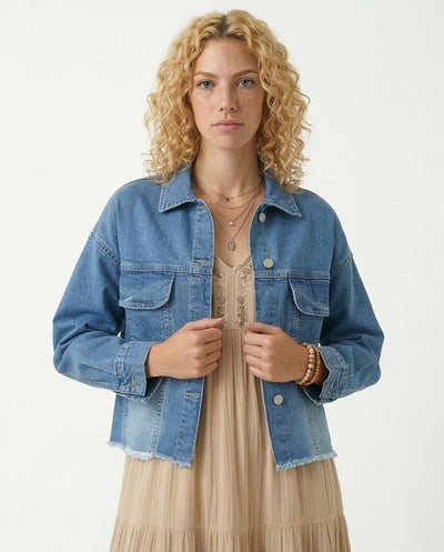 Ravin Women's Boxy Cropped Denim Jacket with Frayed Hem - Light Blue - O200520