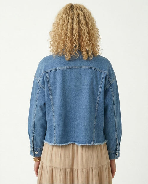 Ravin Women's Boxy Cropped Denim Jacket with Frayed Hem - Light Blue - O200520