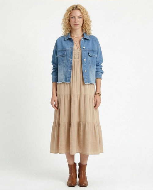 Ravin Women's Boxy Cropped Denim Jacket with Frayed Hem - Light Blue - O200520