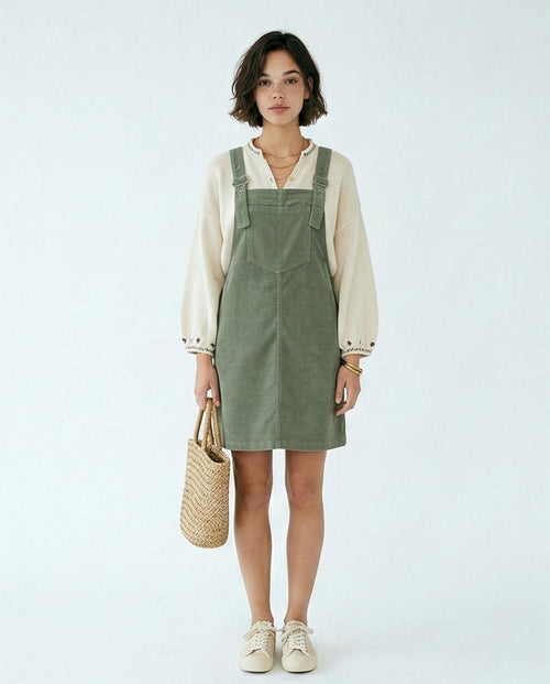 Ravin Sage Green Corduroy Mini Pinafore Dress - O200782