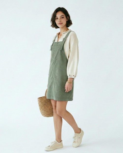 Ravin Sage Green Corduroy Mini Pinafore Dress - O200782