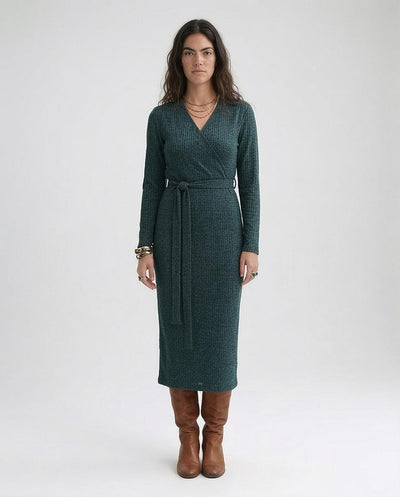 O201115 - Ribbed Midi Dress With Belt - Dark Green