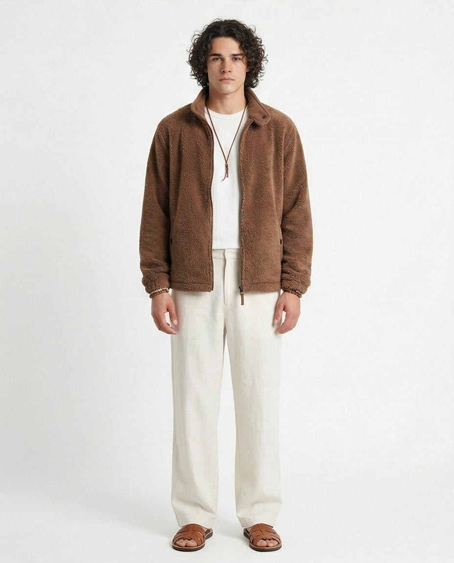 Men's Earth-Tone Teddy Fleece Zip-Up Jacket - O201294