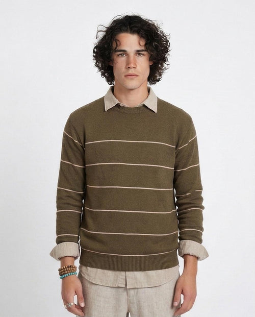 Ravin Men’s Olive Green Horizontal Striped Crewneck Knit Sweater - O202261