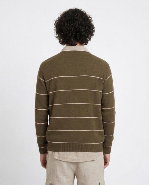Ravin Men’s Olive Green Horizontal Striped Crewneck Knit Sweater - O202261