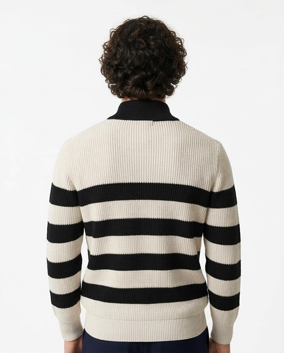 سويتر رجالي محبوك مضلع بسحاب ربعي وياقة Breton مخططة من RAVIN - O202342
