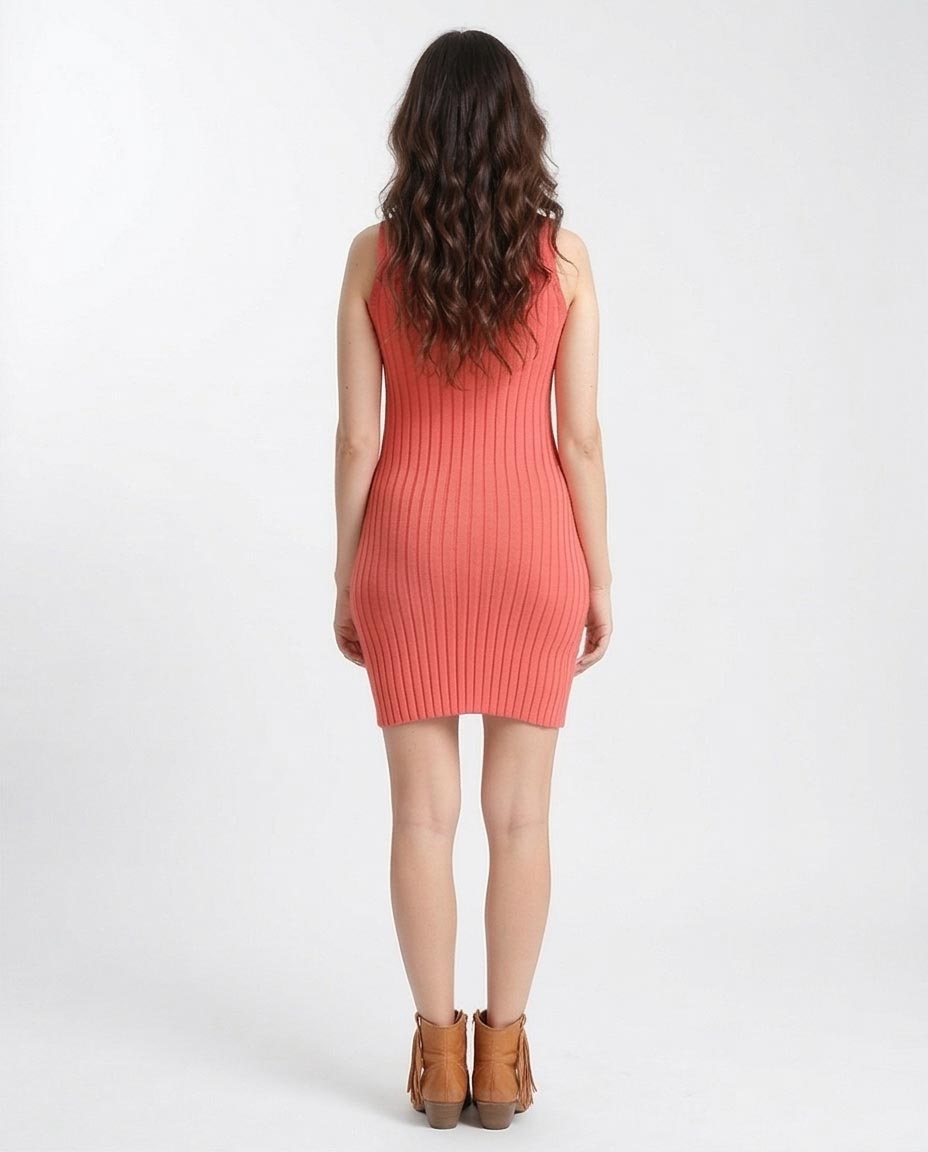 Feminine Ribbed Slip On Bodycon Dress - Coral - R204686