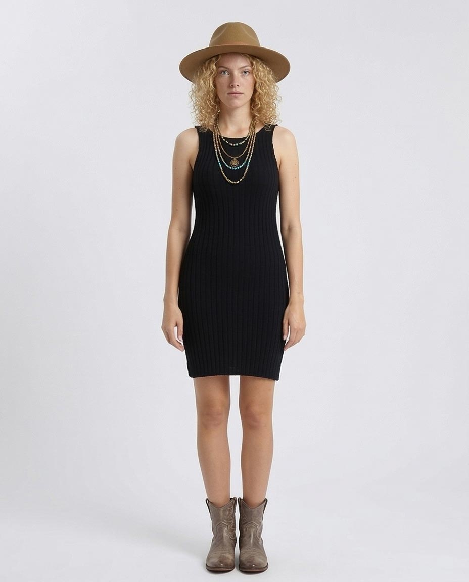 Feminine Ribbed Slip On Bodycon Dress - Black