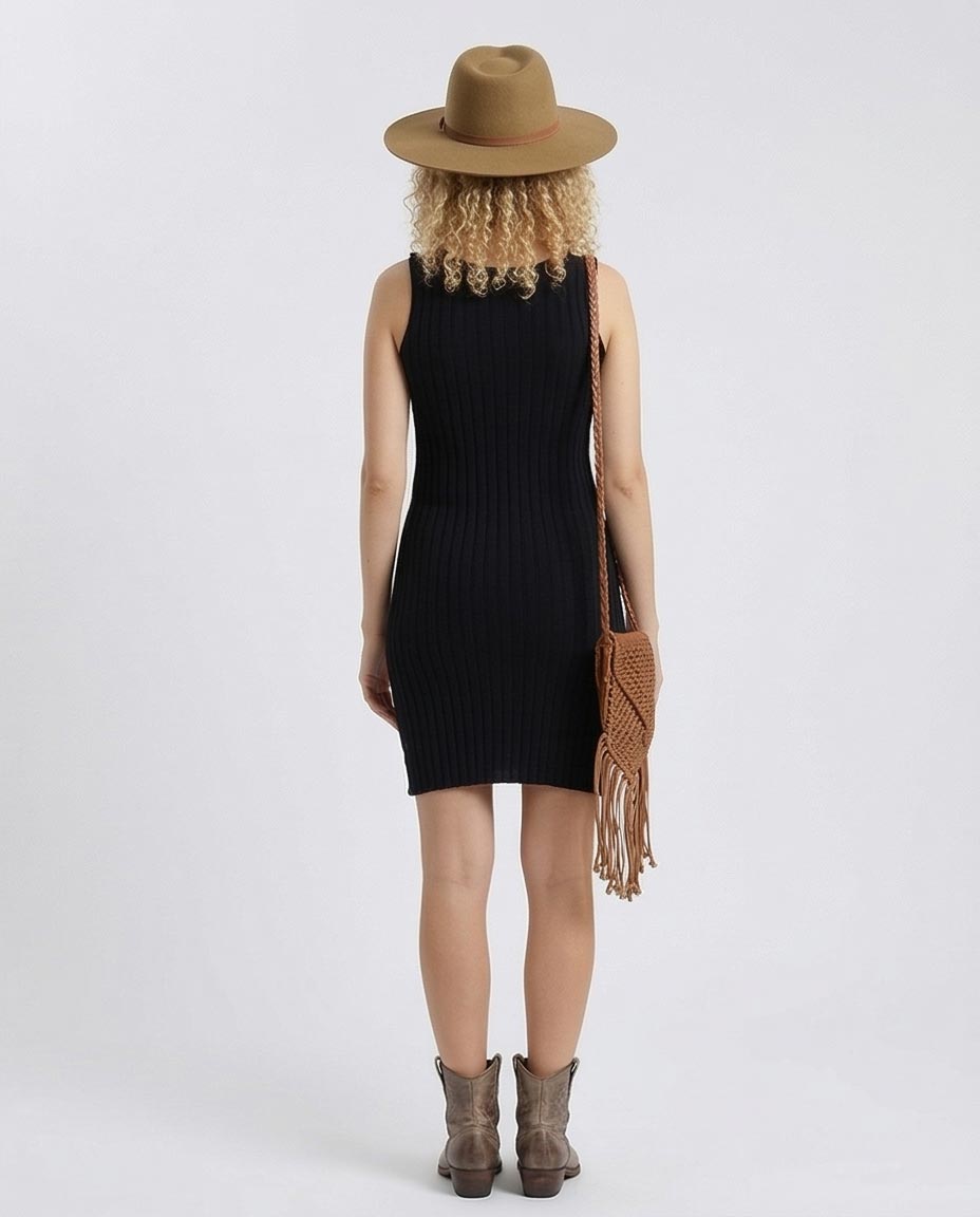 Feminine Ribbed Slip On Bodycon Dress - Black - R204689