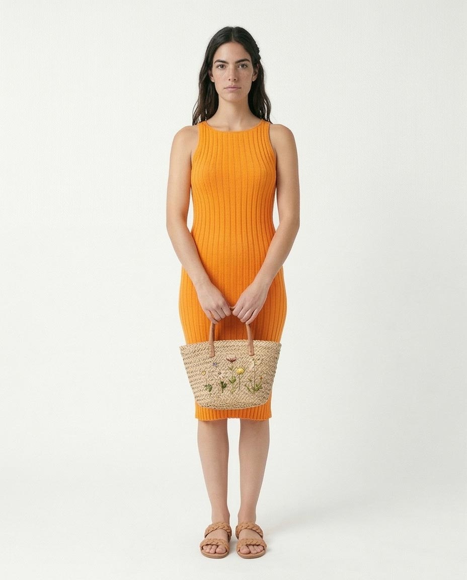 Women's Sleeveless Ribbed Knit Midi Dress - Vibrant Orange
