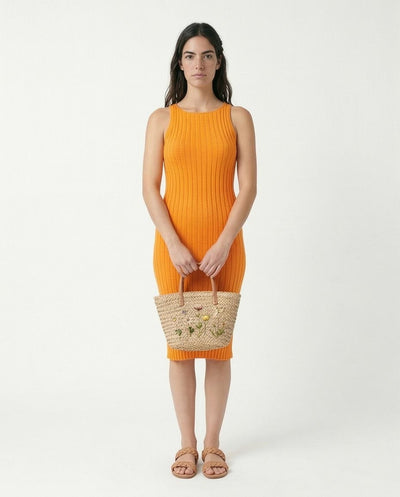 Women's Sleeveless Ribbed Knit Midi Dress - Vibrant Orange
