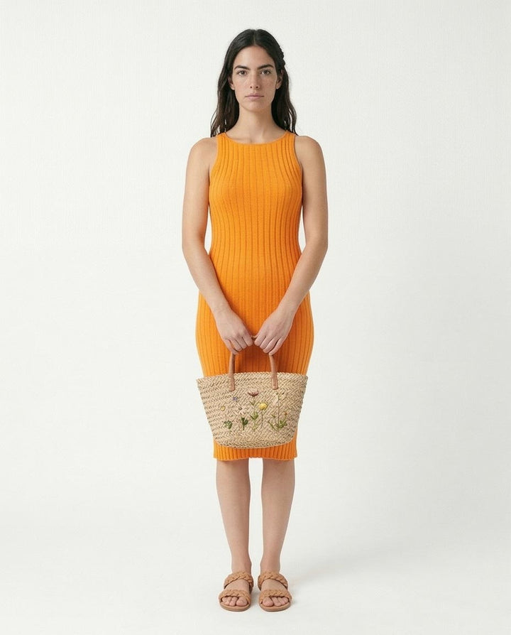 Women's Sleeveless Ribbed Knit Midi Dress - Vibrant Orange
