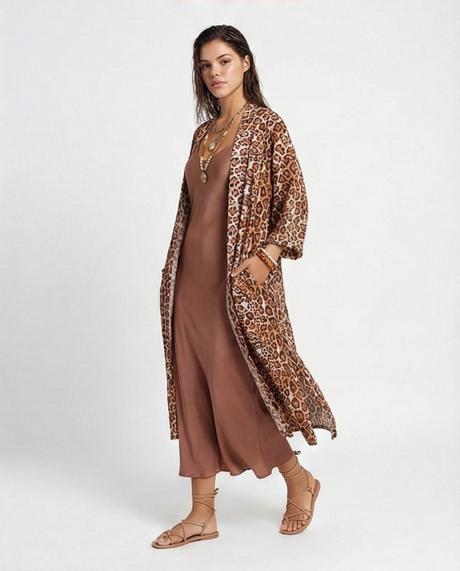 Women's Animal Print Open-Front Long Cardigan