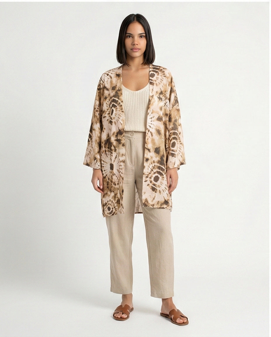 Linen Printed Kimono - Beige Tie-Dye