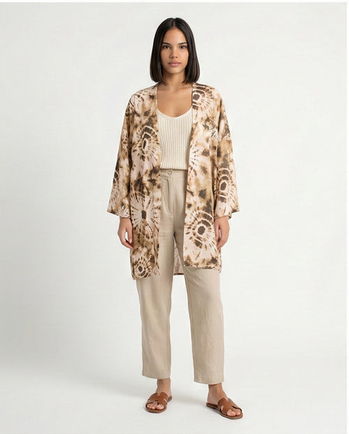 Linen Printed Kimono - Beige Tie-Dye