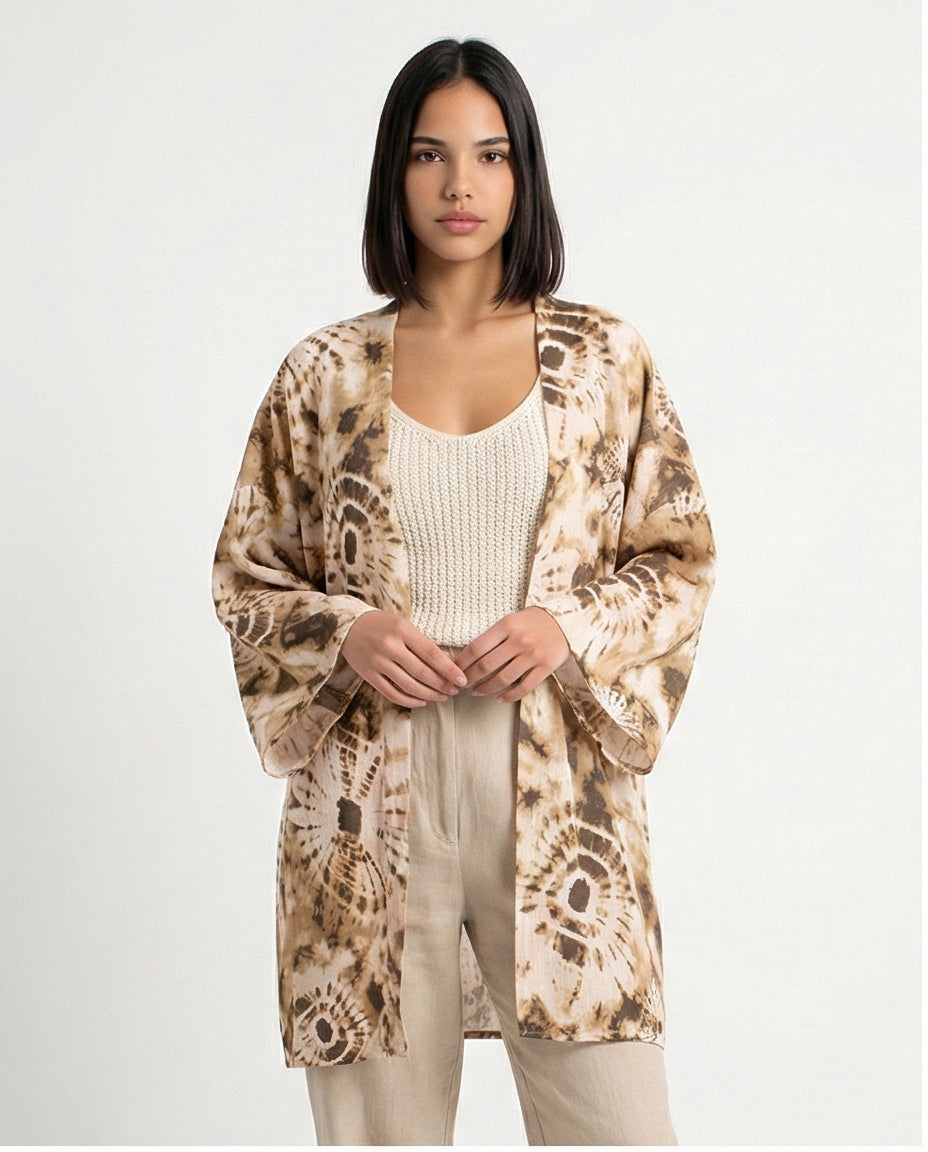 R205484 - Linen Printed Kimono - Beige Tie-Dye