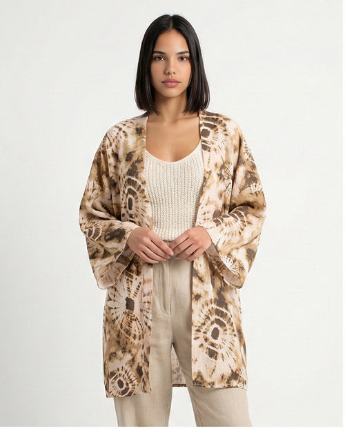 R205484 - Linen Printed Kimono - Beige Tie-Dye