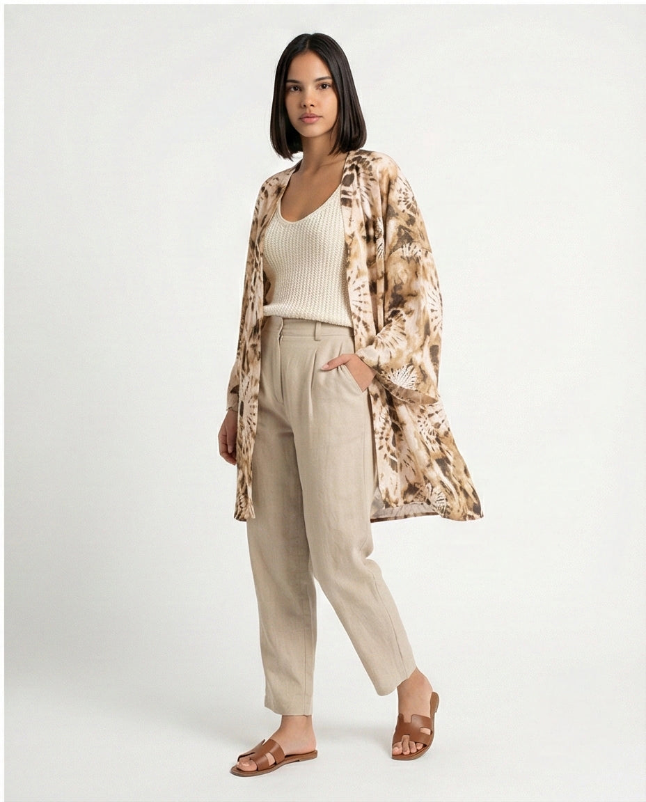R205484 - Linen Printed Kimono - Beige Tie-Dye