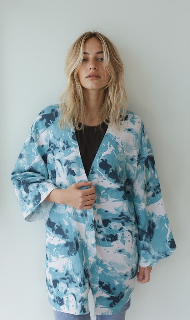 R205485 - Linen Printed Kimono - Blue Abstract Print