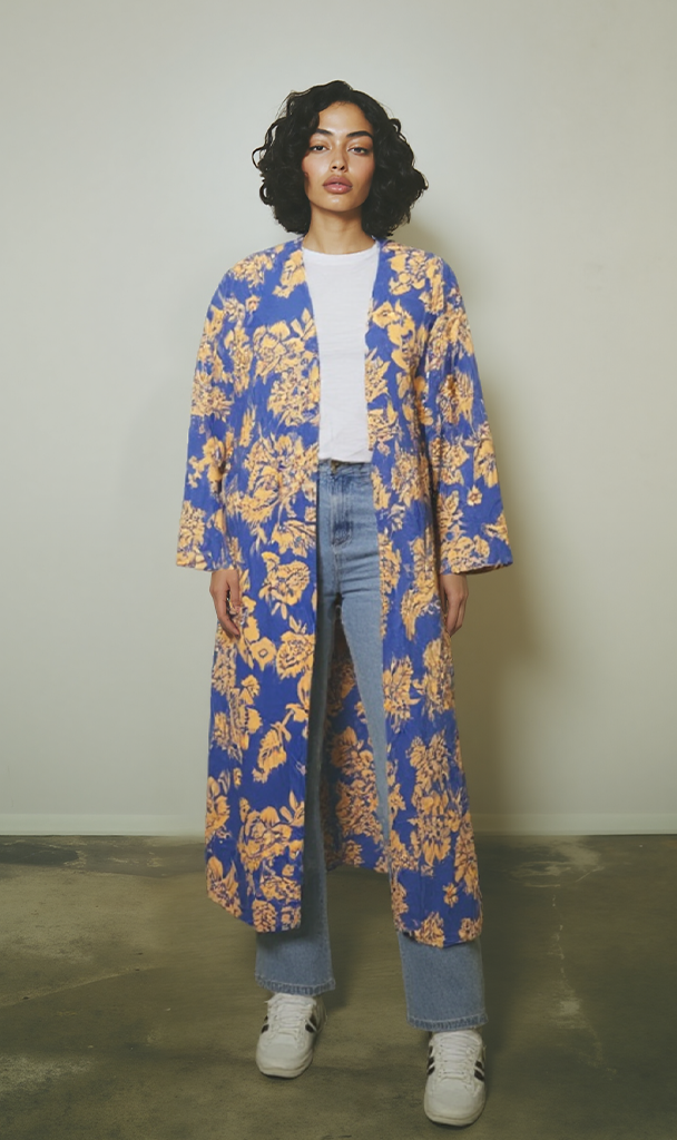 R206067 - Floral Printed Rayon Kimono - Blue & Yellow