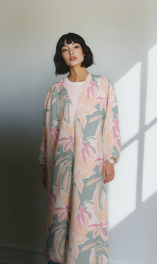 Printed Linen Look Kimono - Beige & Green Floral