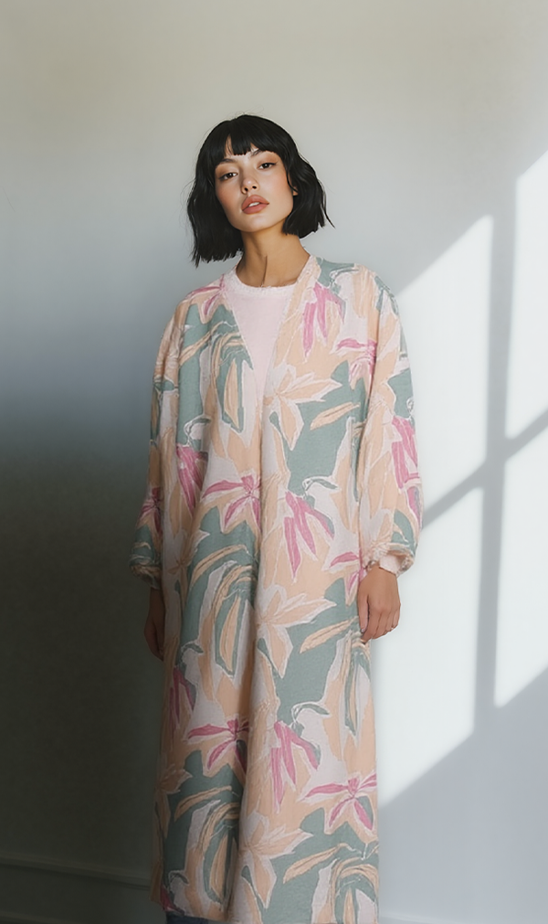 R206069 - Printed Linen Look Kimono - Beige & Green Floral