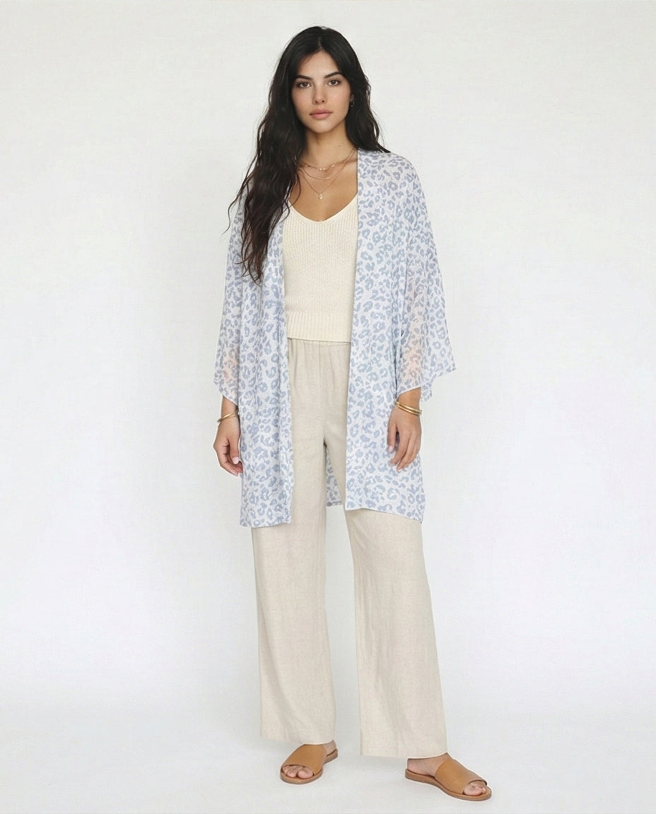 Leopard Print Chiffon Kimono - White & Blue