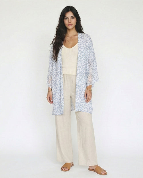 Leopard Print Chiffon Kimono - White & Blue