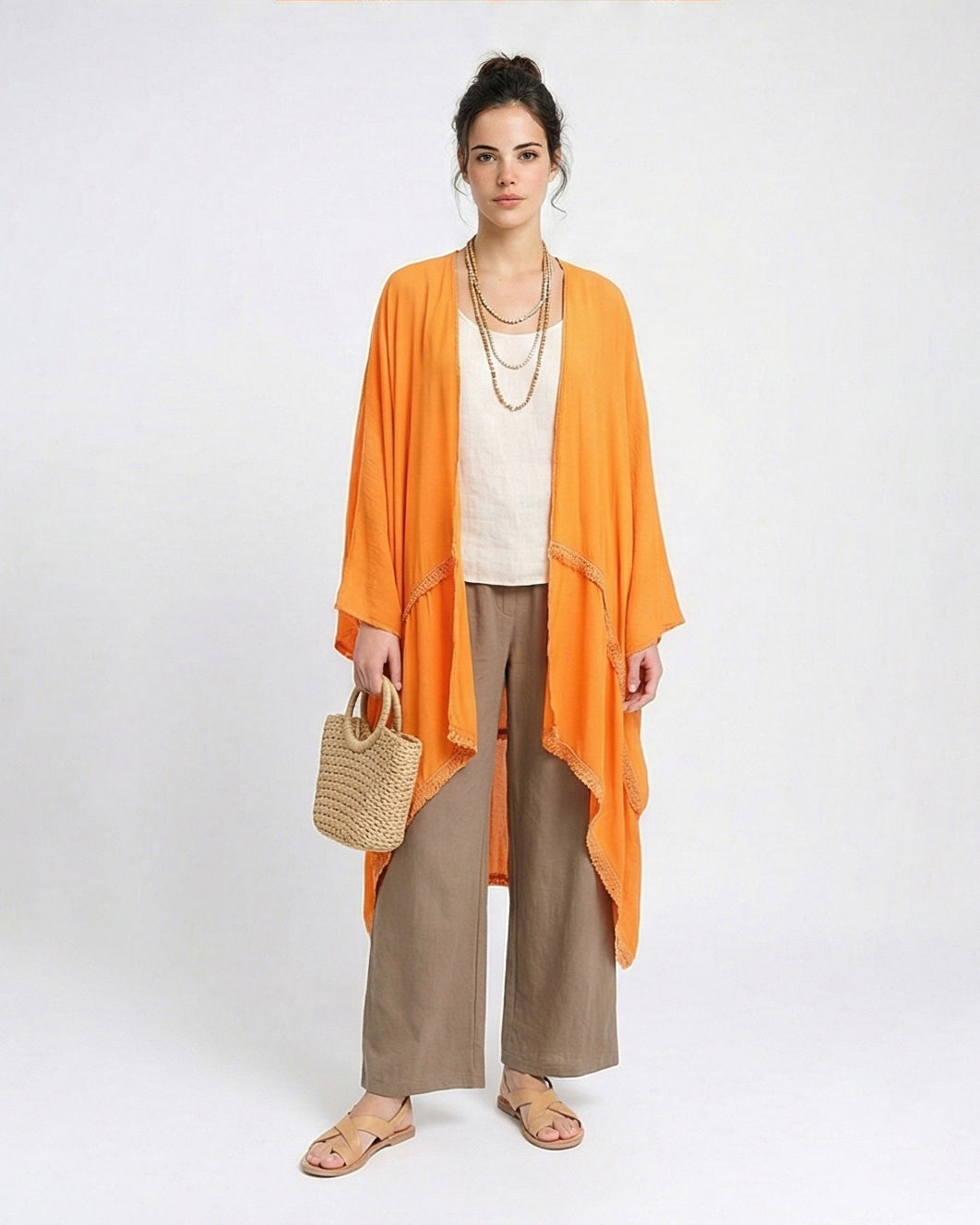 Loose Kimono with Stitched Tassels - Orange