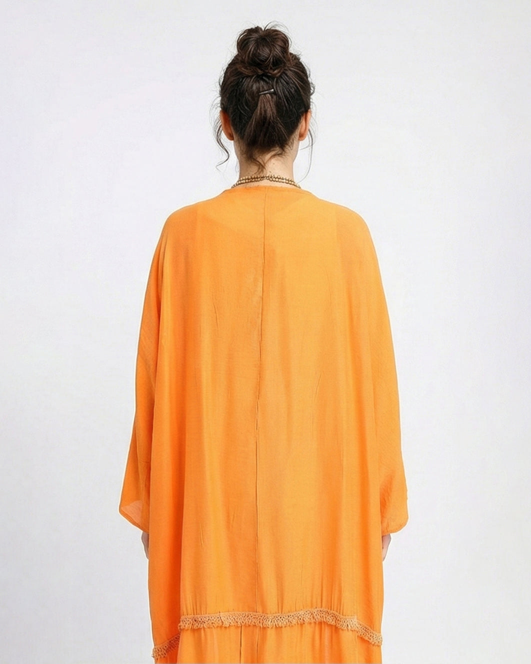 R206346 - Loose Kimono with Stitched Tassels - Orange