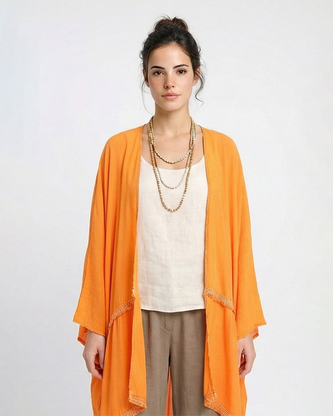 R206346 - Loose Kimono with Stitched Tassels - Orange