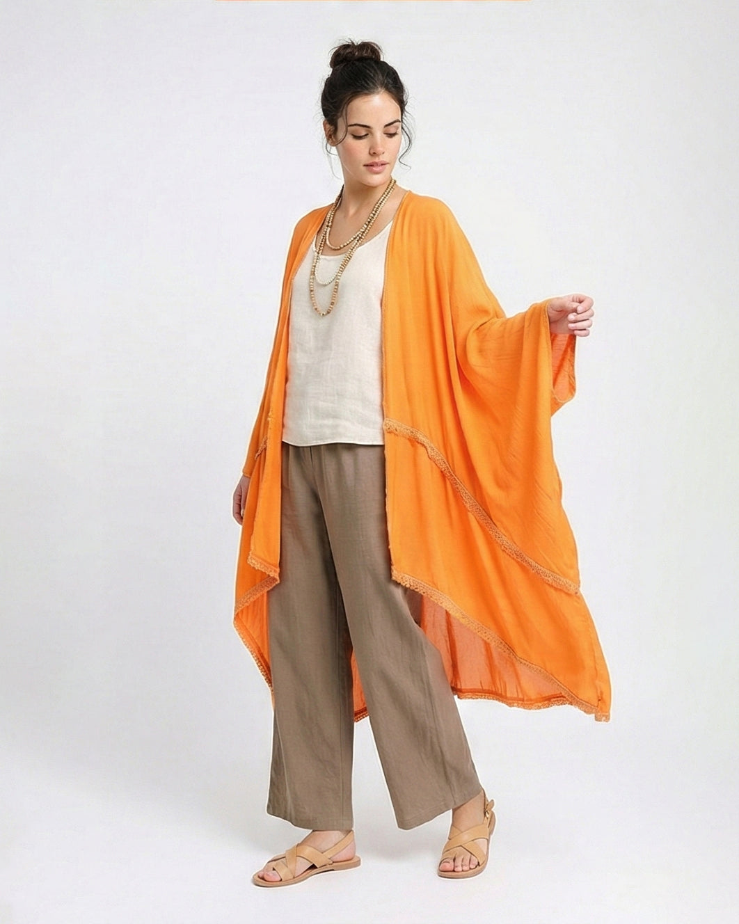 R206346 - Loose Kimono with Stitched Tassels - Orange
