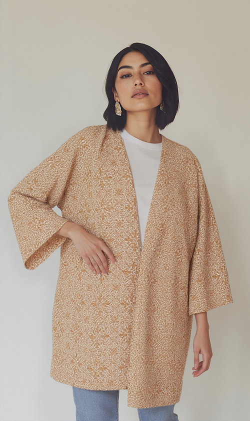 R206501 - Floral Printed Crepe Chiffon Kimono - Beige